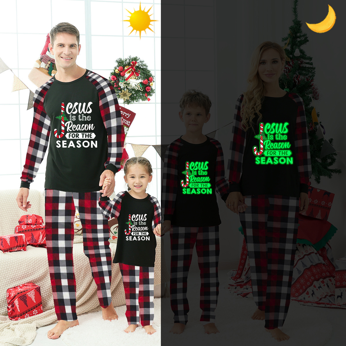 Christmas Matching Family Pajamas Luminous Glowing Jesus Is The Reason Red Pajamas Set