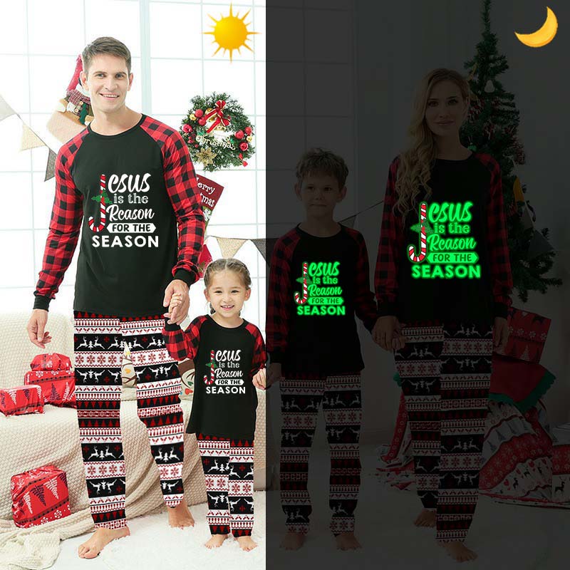 Christmas Matching Family Pajamas Luminous Glowing Jesus Is The Reason Red Plaids Pajamas Set