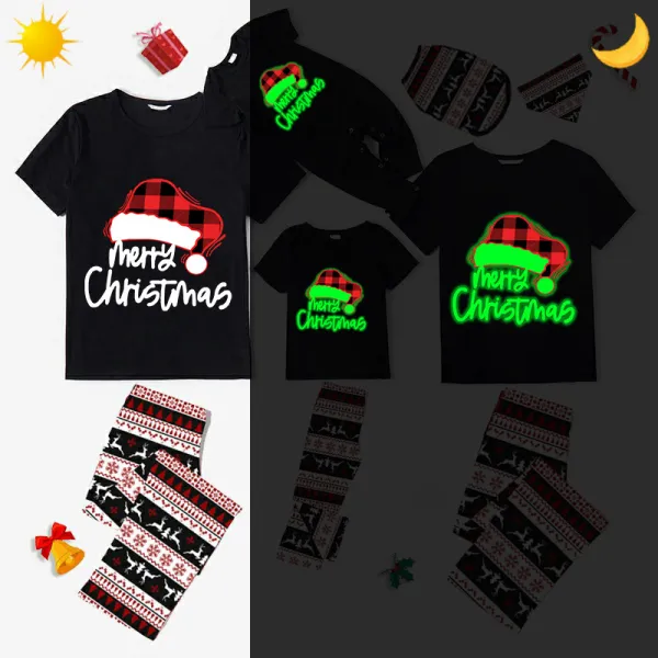 Christmas Matching Family Pajamas Luminous Glowing Christmas Hat Black Short Pajamas Set