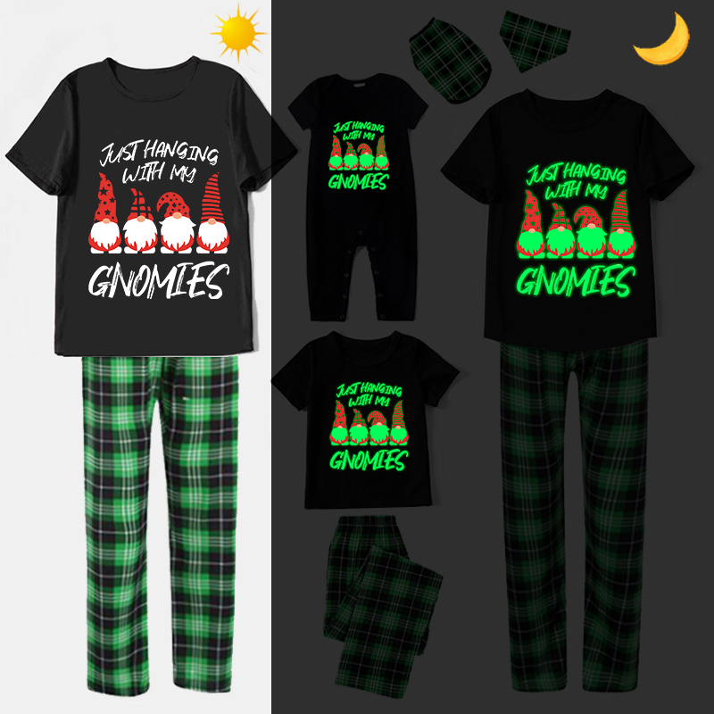 Christmas Matching Family Pajamas Luminous Glowing Hanging with My Gnomies Black Short Pajamas Set