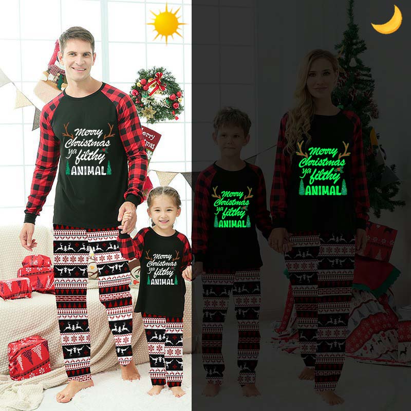 Christmas Matching Family Pajamas Luminous Glowing Christmas Tree Antler Red Plaids Pajamas Set
