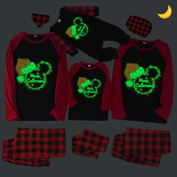 Christmas Matching Family Pajamas Luminous Glowing Cartoon Mouse Hat Red Pajamas Set