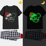 Christmas Matching Family Pajamas Luminous Glowing Cartoon Mouse Hat Black Short Pajamas Set