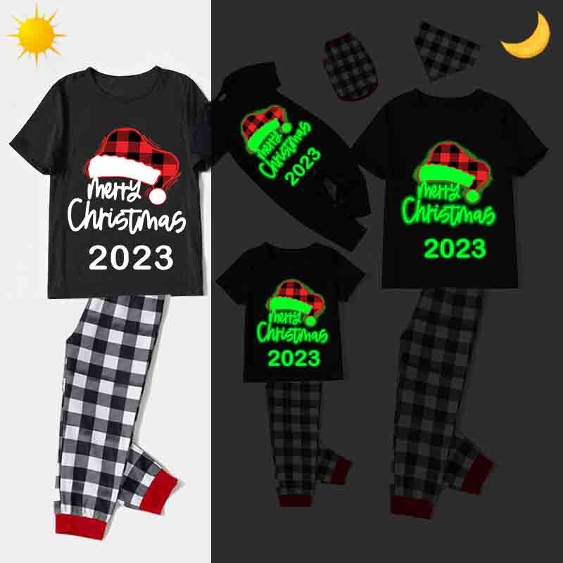 2023 Christmas Matching Family Pajamas Luminous Glowing Christmas Hat Black Short Pajamas Set