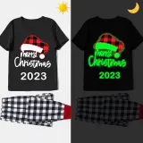 2024 Christmas Matching Family Pajamas Luminous Glowing Christmas Hat Black Short Pajamas Set