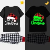 Christmas Matching Family Pajamas Luminous Glowing Christmas Hat Black Short Pajamas Set