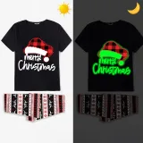 Christmas Matching Family Pajamas Luminous Glowing Christmas Hat Black Short Pajamas Set