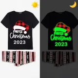 2024 Christmas Matching Family Pajamas Luminous Glowing Christmas Hat Black Short Pajamas Set