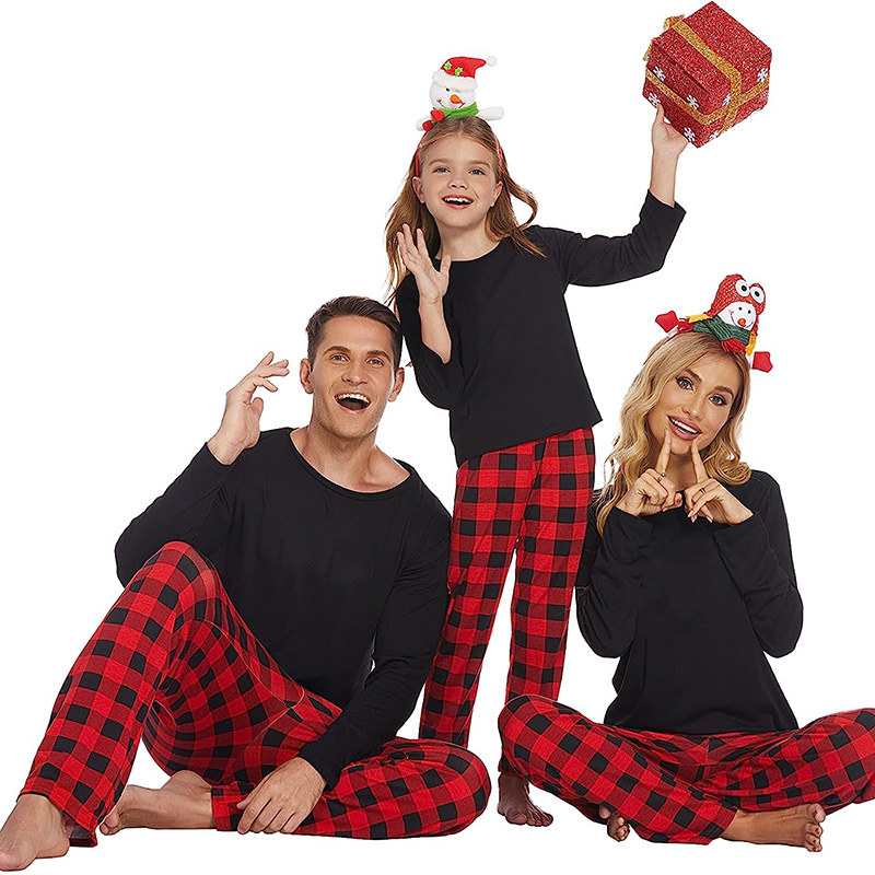 Personalized Custom Design Christmas Matching Family Pajamas Black Tops Red Black Plaids