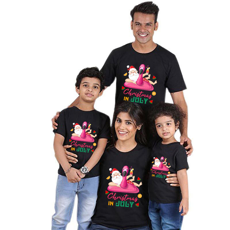 Family Matching Clothing Top Parent-kids Christmas In July Flamingo Santa Family T-shirts