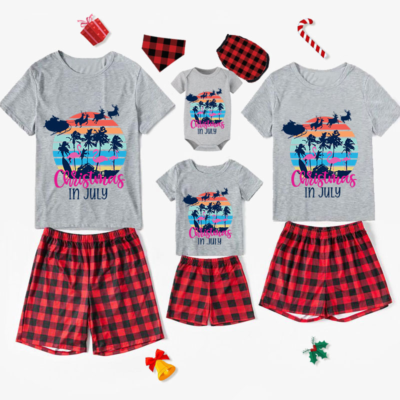 Christmas Matching Family Pajamas Christams In July Fly Santa Deer Gray Short Pajamas Sets