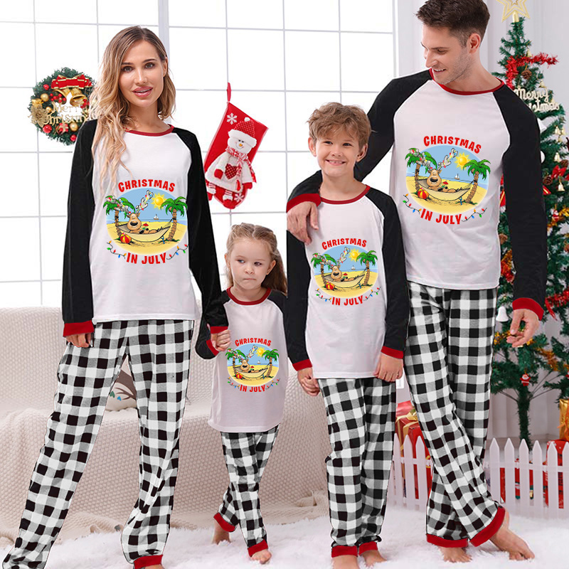 Christmas Matching Family Pajamas Christams In July Deer Black and White Plaids Pajamas Sets