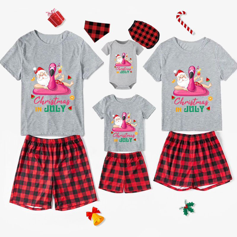 Christmas Matching Family Pajamas Christams In July Flamingo Santa Gray Short Pajamas Sets
