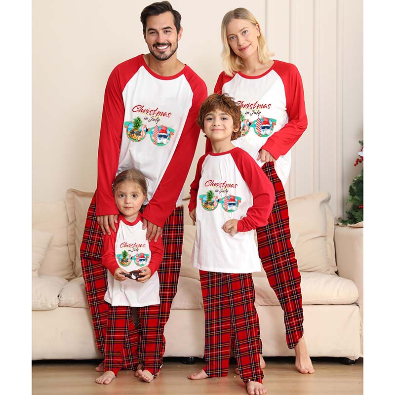 Christmas Matching Family Pajamas Christams In July Sunglass Black and White Plaids Pajamas Sets
