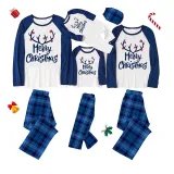 Christmas Matching Kids Pajamas Merry Christmas Elk Antlers Blue Plaids Pajamas Set