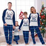 Christmas Matching Kids Pajamas Merry Christmas Elk Antlers Blue Plaids Pajamas Set