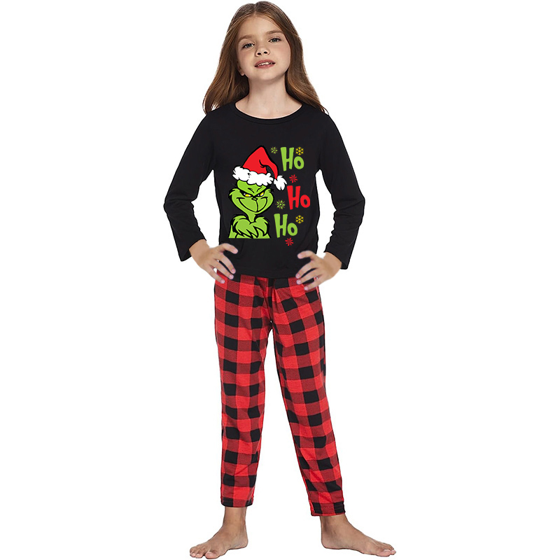 Christmas Kids Matching Sleepwear Pajamas Sets Hohoho Slogan Tops And Plaids Pants