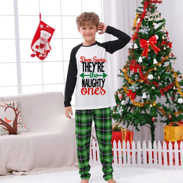 Christmas Kids Matching Pajamas Sets Dear Santa Naughty Ones and Green Plaids Pants With Dog Cloth