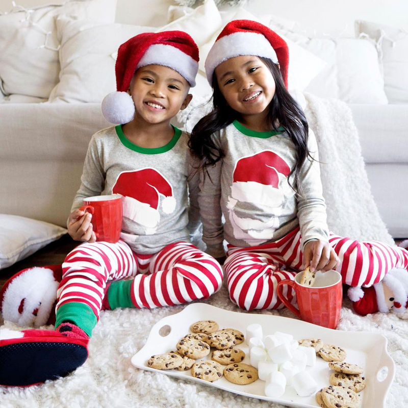 Christmas Kids Matching Sleepwear Pajamas Sets Grey Santa Head Top Red Stripes Pants