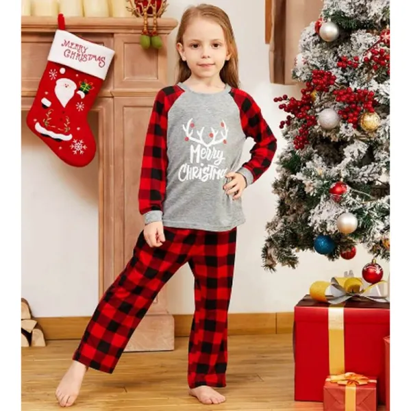 Christmas Kids Matching Sleepwear Pajamas Merry Christmas White Antlers Grey Sets With Dog Cloth