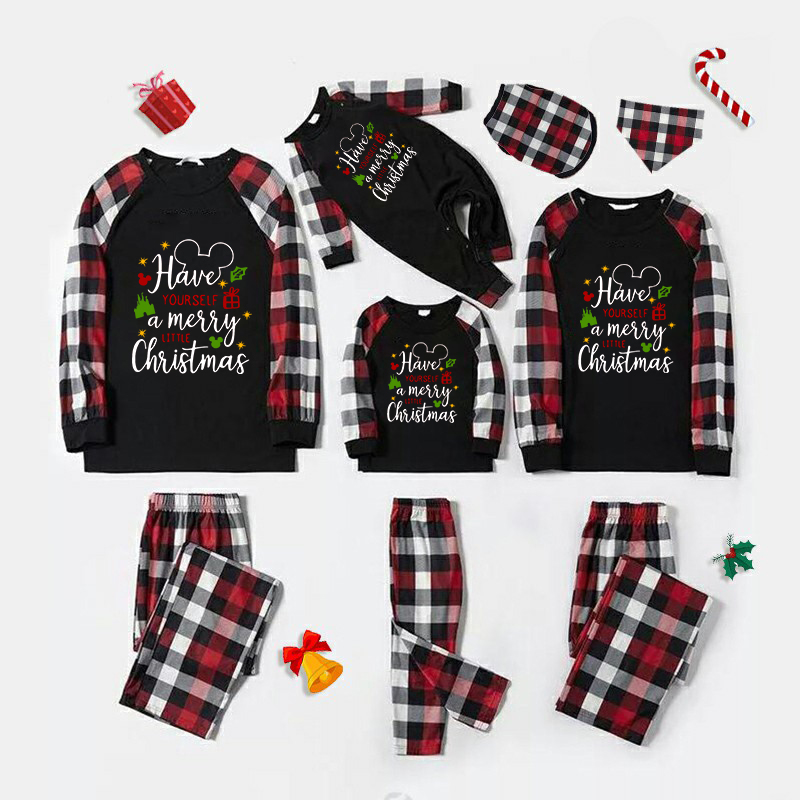 Christmas Matching Family Pajamas Cartoon Mouse Have Yourself a Merry Little Christmas Black White Plaids Pajamas Set