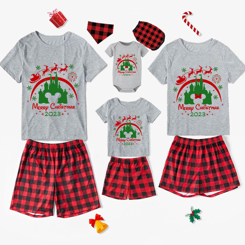 Christmas Matching Family Pajamas Cartoon Mouse Castle Santa Deer White Short Pajamas Set