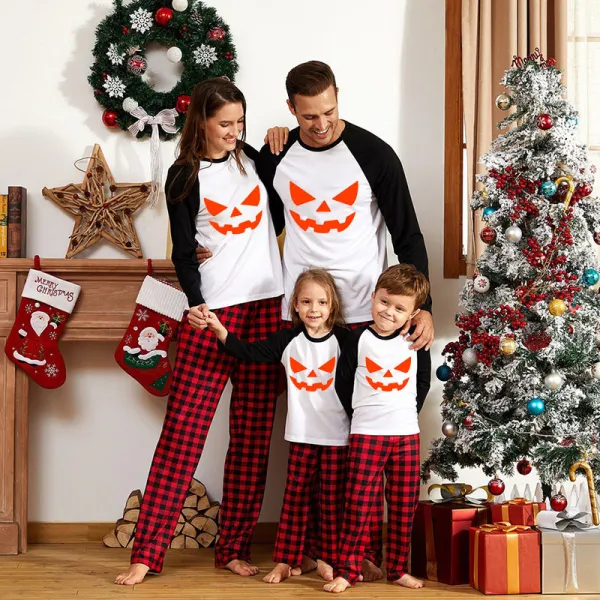 Halloween Family Matching Pajamas Pumpkin Ghost Face Happy Halloween Black Red Plaids Pajamas Set