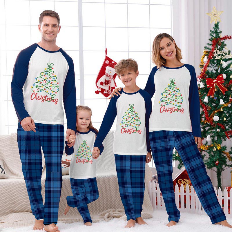 Christmas Matching Family Pajamas Cartoon Mouse Light String Tree Blue Pajamas Set