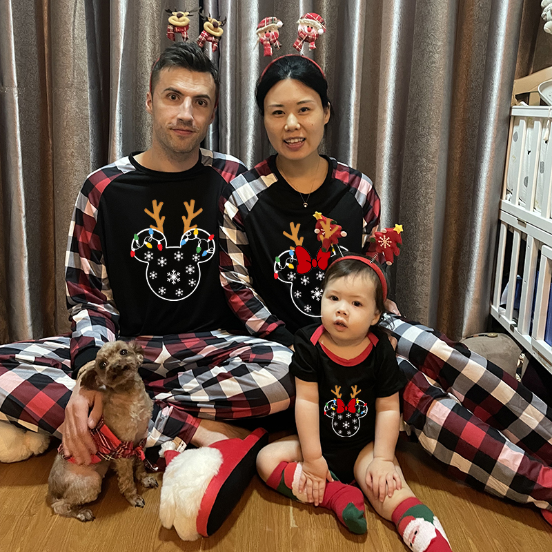 Christmas Matching Family Pajamas Cartoon Mouse Light Strings Deer Black White Plaids Pajamas Set