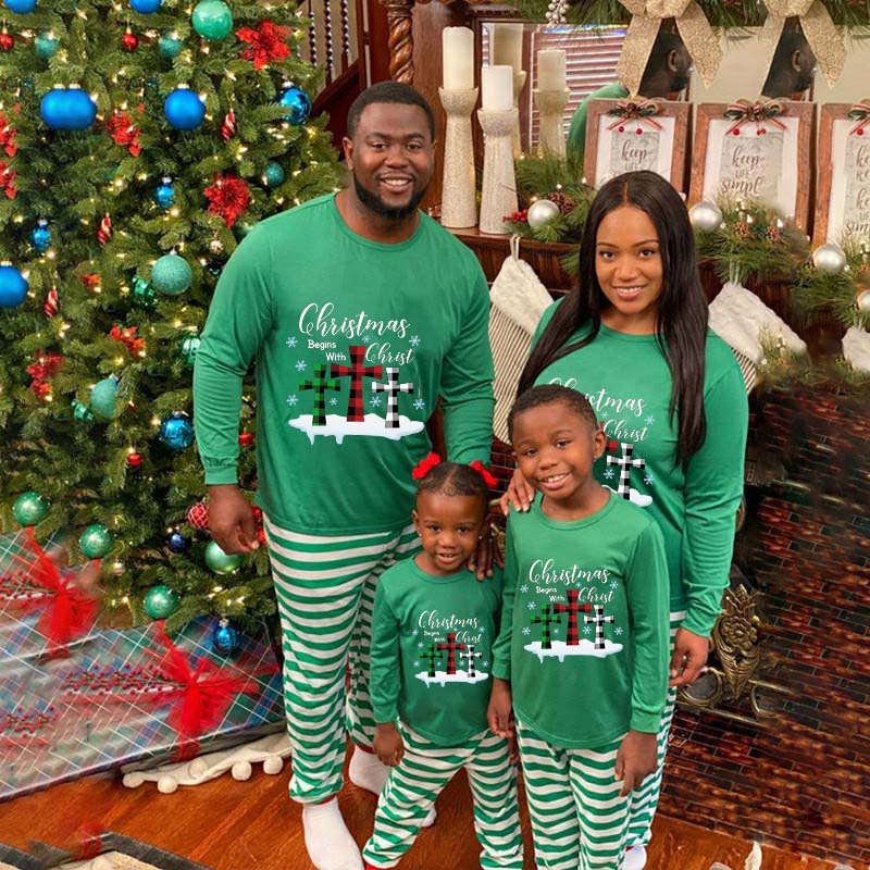 Christmas Matching Family Pajamas Christmas Begins with Christ Snowflake Green Sreipes Pajamas Set