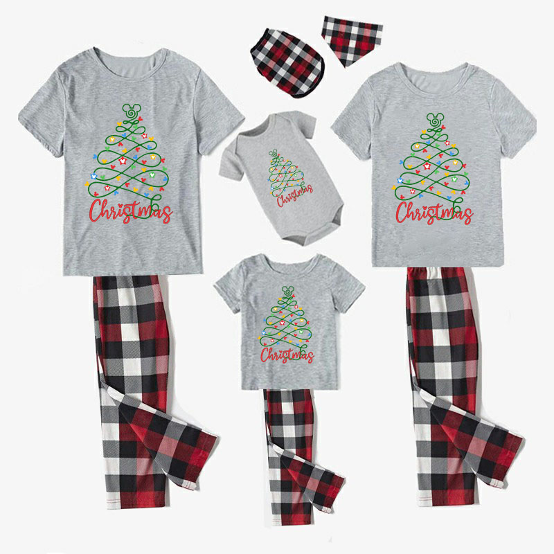 Christmas Matching Family Pajamas Cartoon Mouse Light String Tree Short Pajamas Set