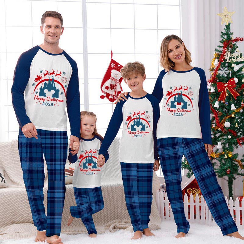 Christmas Matching Family Pajamas Cartoon Mouse Castle Santa Deer Blue Pajamas Set