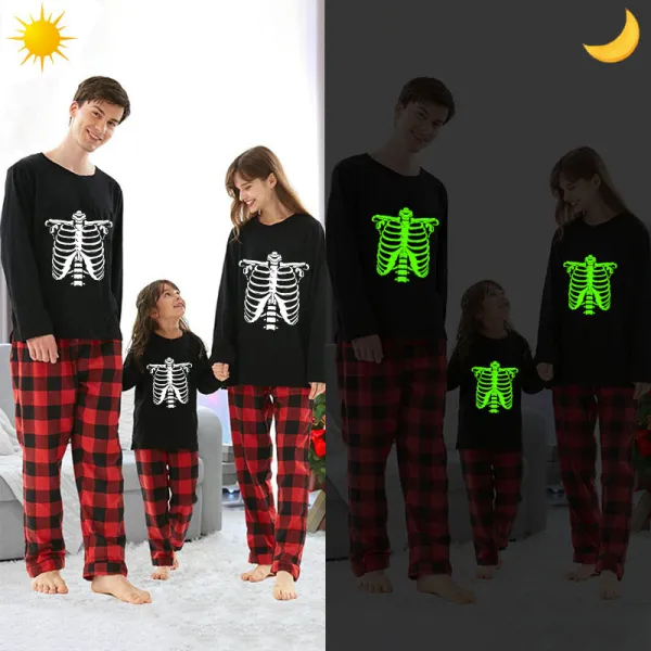 Halloween Family Matching Noctilucent Skeleton Ribs Happy Halloween Luminous Gray Pajamas Set