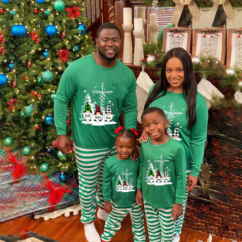 Christmas Matching Family Pajamas Snow Three Gnomies Christ Green Stripes Pajamas Set