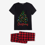 Christmas Matching Family Pajamas Cartoon Mouse Light String Tree Black Long Pajamas Set