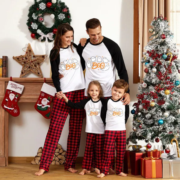 Halloween Family Matching Pajamas Ghost Boo Happy Halloween Black Red Plaids Pajamas Set