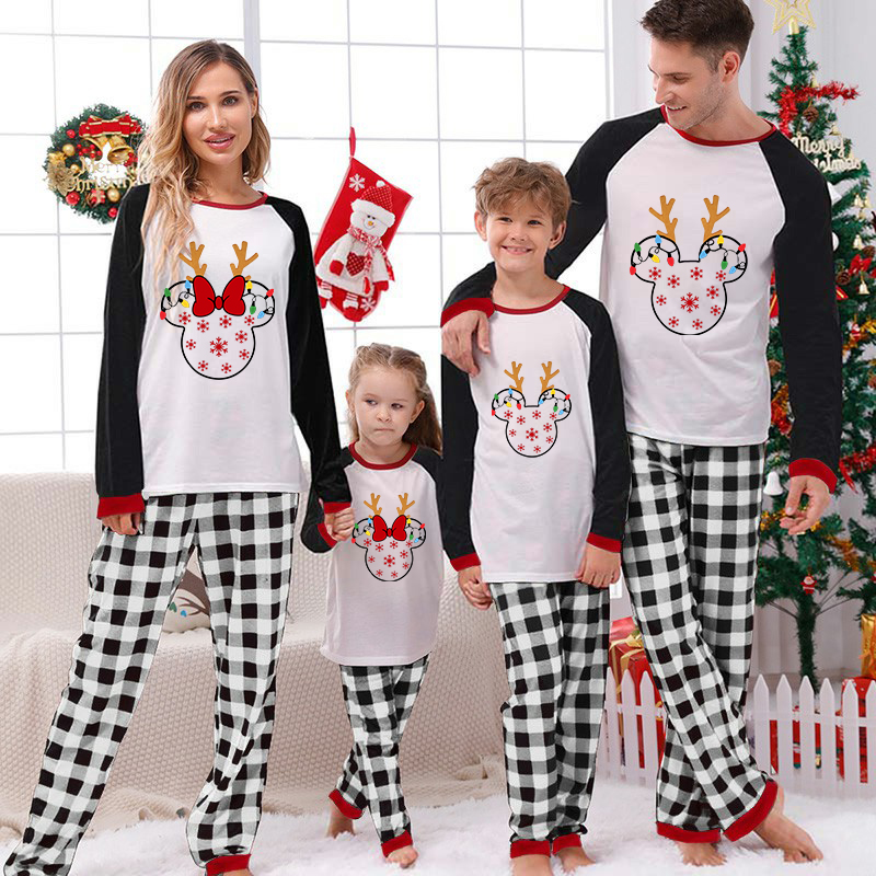 Christmas Matching Family Pajamas Cartoon Mouse Light Strings Deer Black Pajamas Set