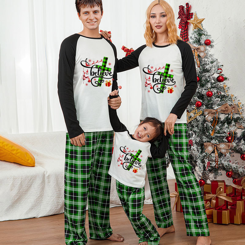 Christmas Matching Family Pajamas Santa Believe Crosses Blue Pajamas Set