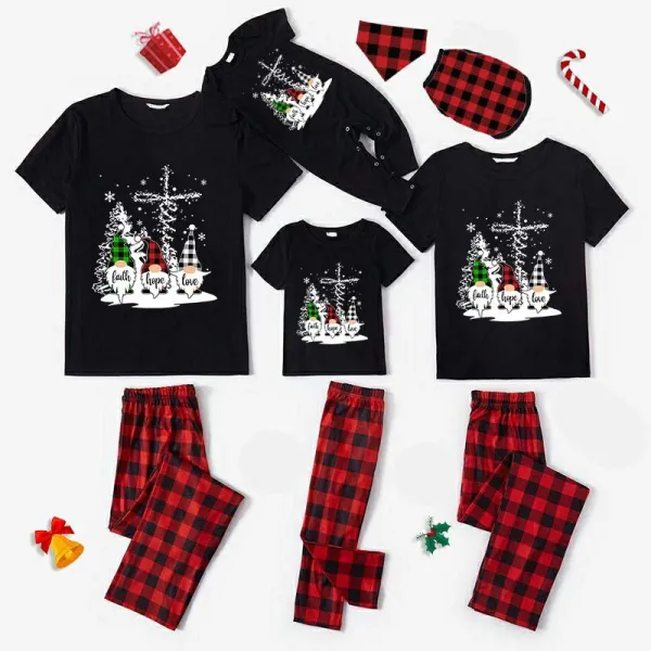 Christmas Matching Family Pajamas Snow Three Gnomies Christ Black Short Pajamas Set