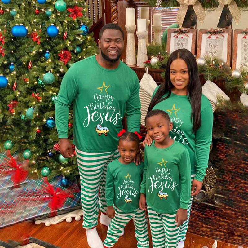 Christmas Matching Family Pajamas Happy Birthday Jesus Green Stripes Pajamas Set