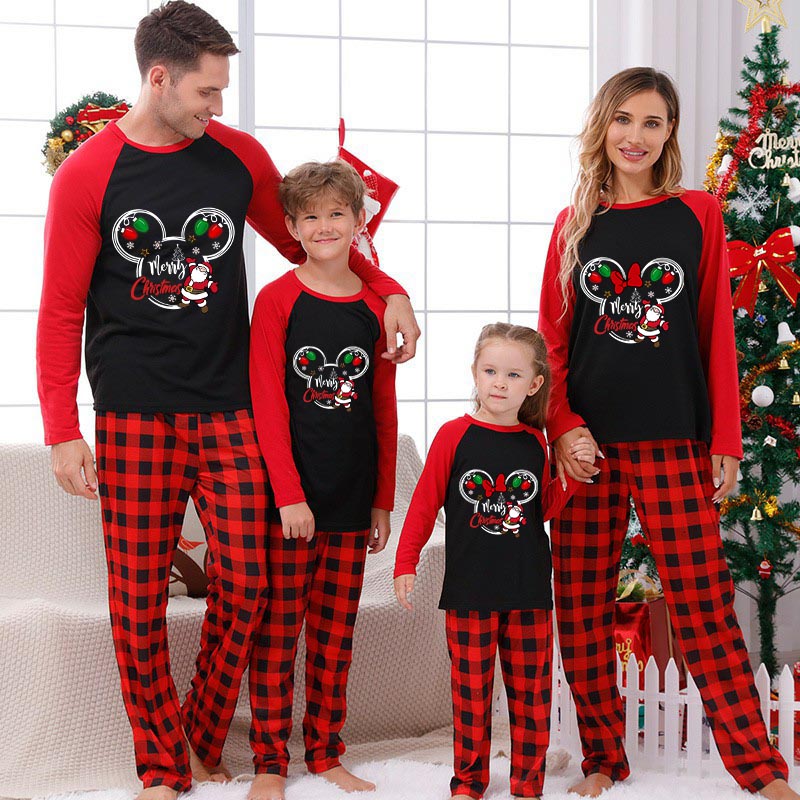 Christmas Matching Family Pajamas Cartoon Mouse Merry Christmas Santa Black White Plaids Pajamas Set