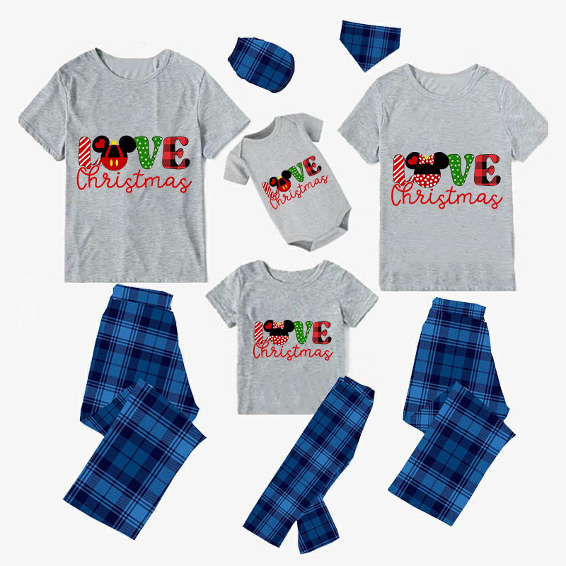 Christmas Matching Family Pajamas Cartoon Mouse Love Christmas Blue Pajamas Set