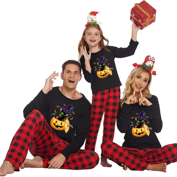 Halloween Family Matching Pajamas Ghost Pumpkin Cat Bats Happy Halloween Black Pajamas Set