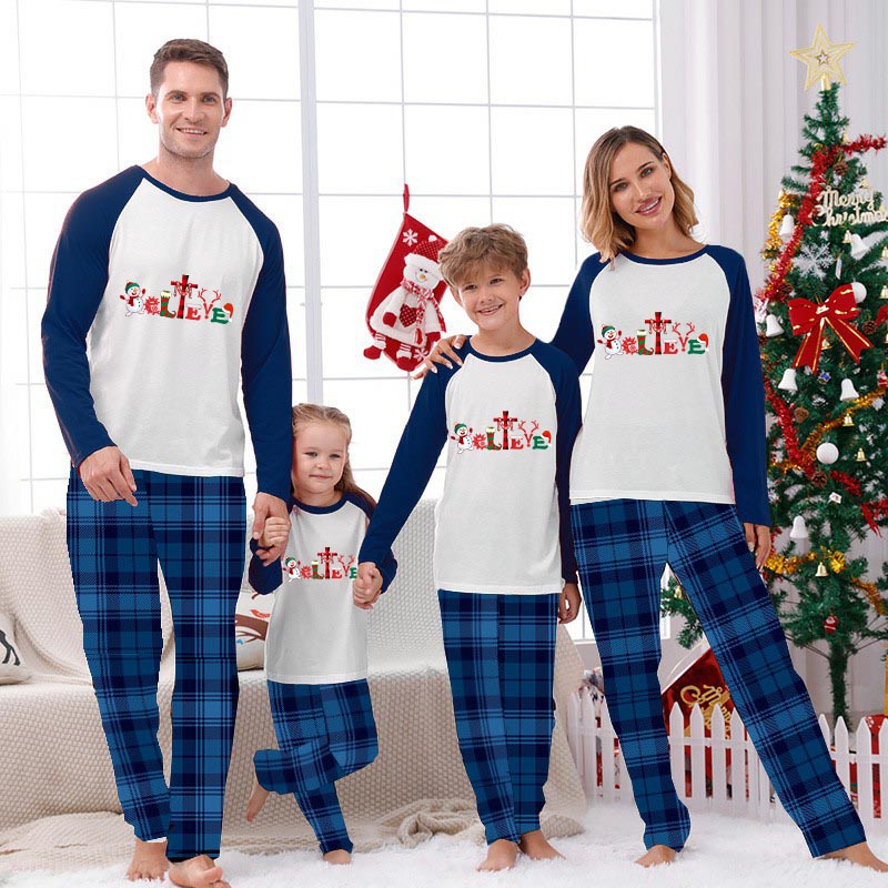 Christmas Matching Family Pajamas Believe Snowman Blue Pajamas Set