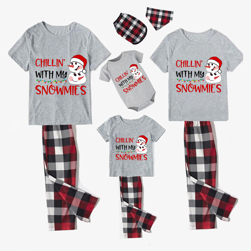 Christmas Matching Family Pajamas Chillin' with Snowman White Short Red Pants Pajamas Set