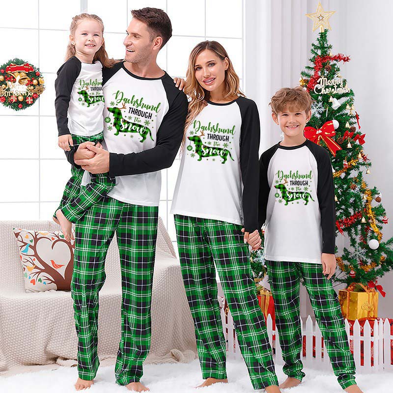 Christmas Matching Family Pajamas Dachshund Through the Snow Plaids Green Pajamas Set