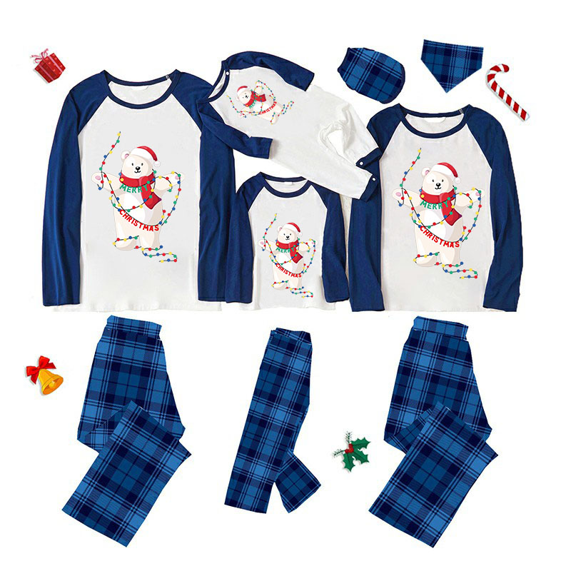 Christmas Matching Family Pajamas Christmas String Light Bear Blue Pajamas Set