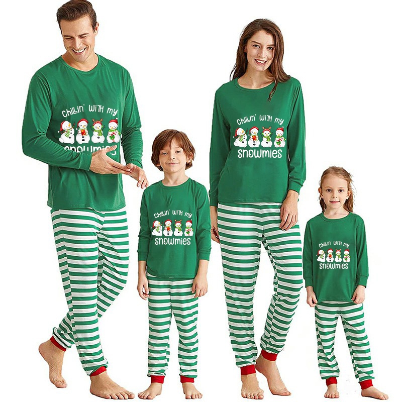 Christmas Matching Family Pajamas Chillin' with My Snowmies Green Stripes Pajamas Set