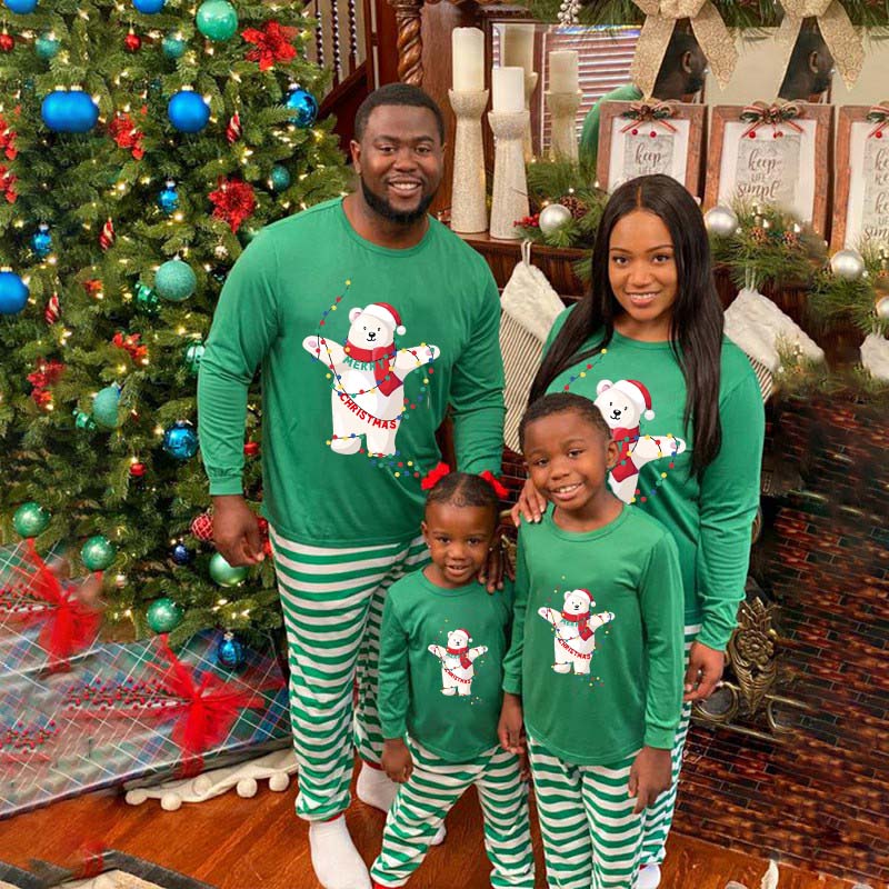 Christmas Matching Family Pajamas Christmas String Light Bear Green Stripes Pajamas Set