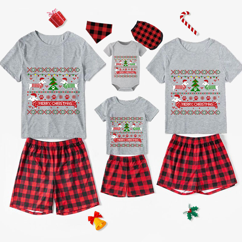 Christmas Matching Family Pajamas Merry Christmas Dachshund Print Gray Short Pajamas Set
